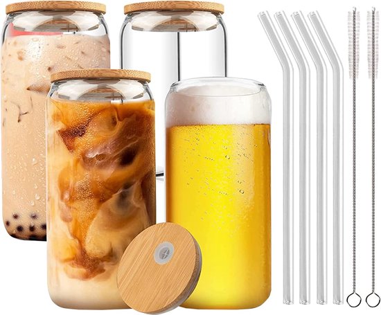 Bubble tea kopjes met deksel en rietje set van 4, esthetische drinkglazen met bamboe deksel en glazen rietje, ijskoffieglazen voor ijskoffie, cocktail, smoothieglas, bier