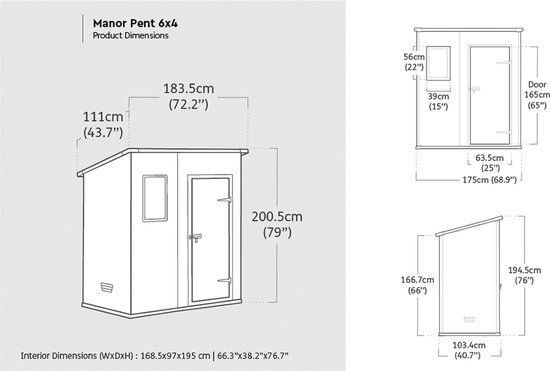 Afmetingen van Manor Pent 6x4 tuinhuis met schuin dak, 1 deur en 1 raam.