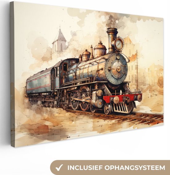 Canvas schilderij 60x40 cm - Wanddecoratie Vintage - Trein - Spoor - Gebouw - Beige - Muurdecoratie woonkamer - Slaapkamer decoratie - Kamer accessoires - Schilderijen op canvas