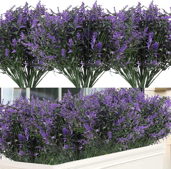 12 bundels kunstmatige lavendelbloem kunststof UV-bestendig buitenplant struik nep groene planten bloemen voor tuin tuin veranda raam binnen buiten decoratie (paars)