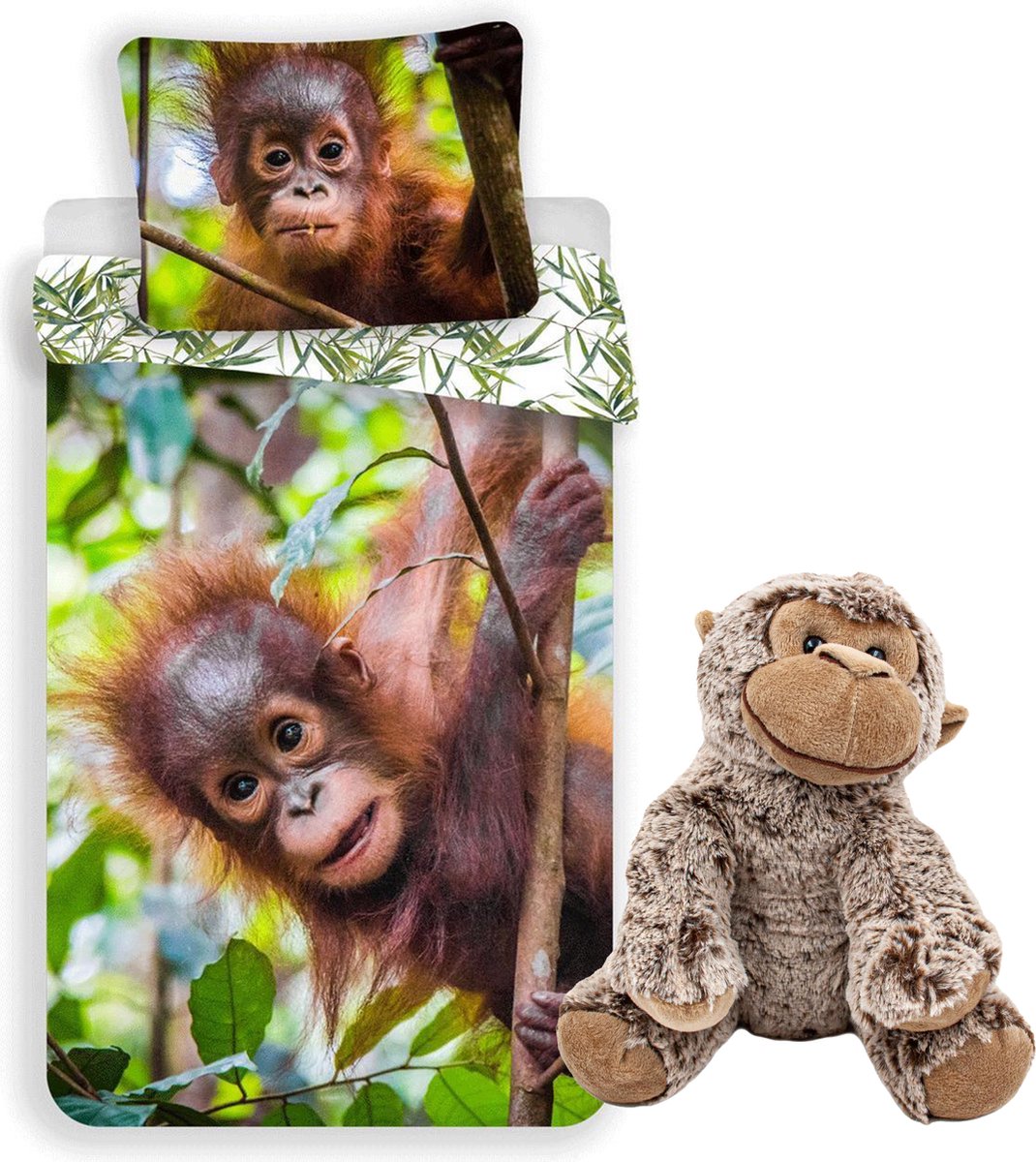 Dekbedovertrek Orang Oetan baby- 140x200cm- katoen- incl. knuffel Aap 22 cm
