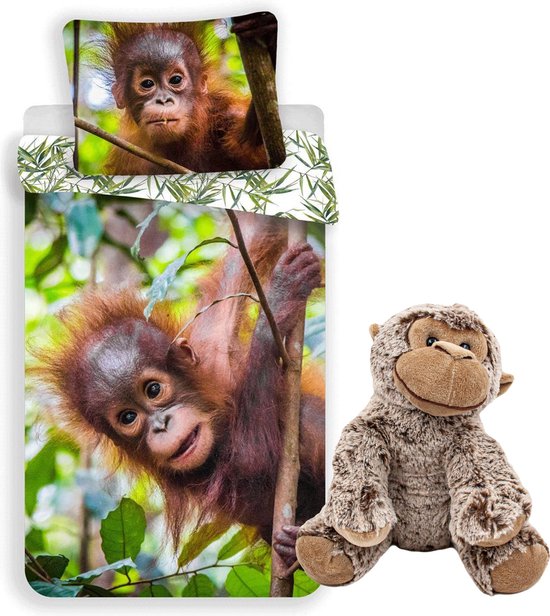 Housse de couette Orang Utan baby - 140x200cm - coton - peluche incluse Singe 22 cm