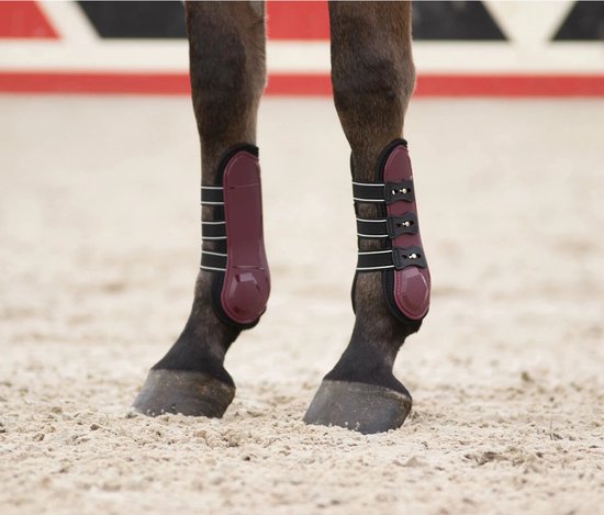 Paardenbenen met donkerrode peesbeschermers, voorzien van drie zwarte klittenbandsluitingen met witte strepen.