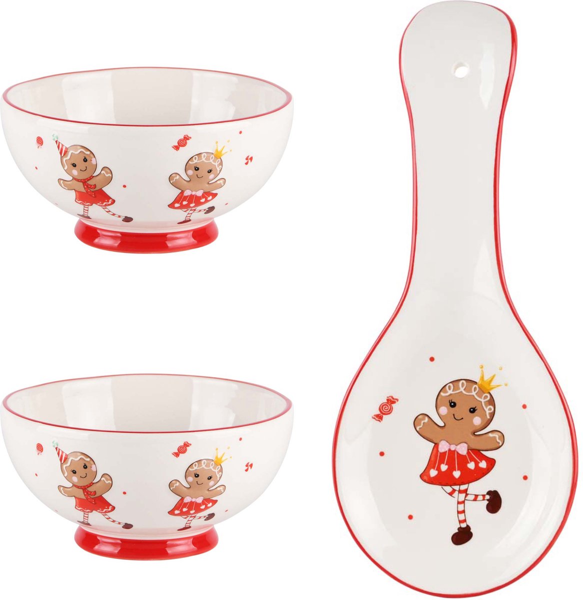 Set v 2 schaaltjes Cookie keramiek 15x15x7cm + Gratis lepelhouder rood wit | A215044-1 | Dekoratief