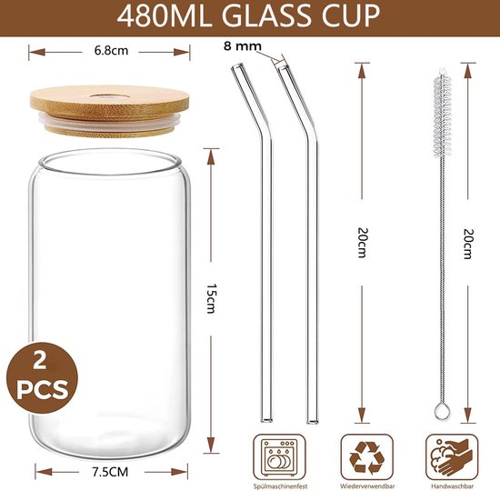 Bubble tea kopjes met deksel en rietje set van 2, drinkglazen met bamboe deksel en glazen rietje, ijskoffieglazen voor ijskoffie, cocktail, smoothieglas, bier, koude kopjes 480ML van CSYY — afbeelding 4