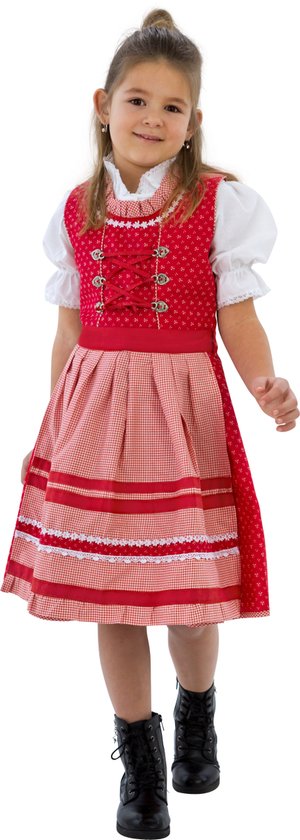 Dirndl jurkje rood-wit bloementjes kinderen - Maat 140
