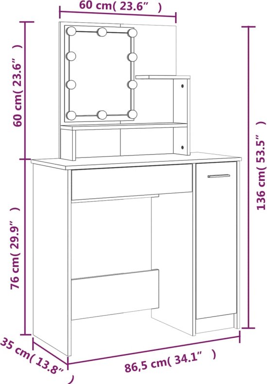 Vidaxl coiffeuse avec lumières led chêne marron 90x42x132,5 cm