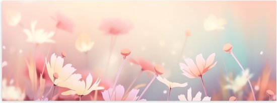 Poster Glanzend – Getekende Licht Roze Bloemen met Wazige Roze Achtergrond - 120x40 cm Foto op Posterpapier met Glanzende Afwerking