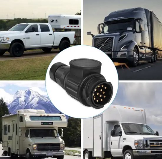 Zwarte 13-polige caravanstekker in het midden, met een witte pick-up met caravan, een zwarte vrachtwagen, een camper en een witte bestelwagen.