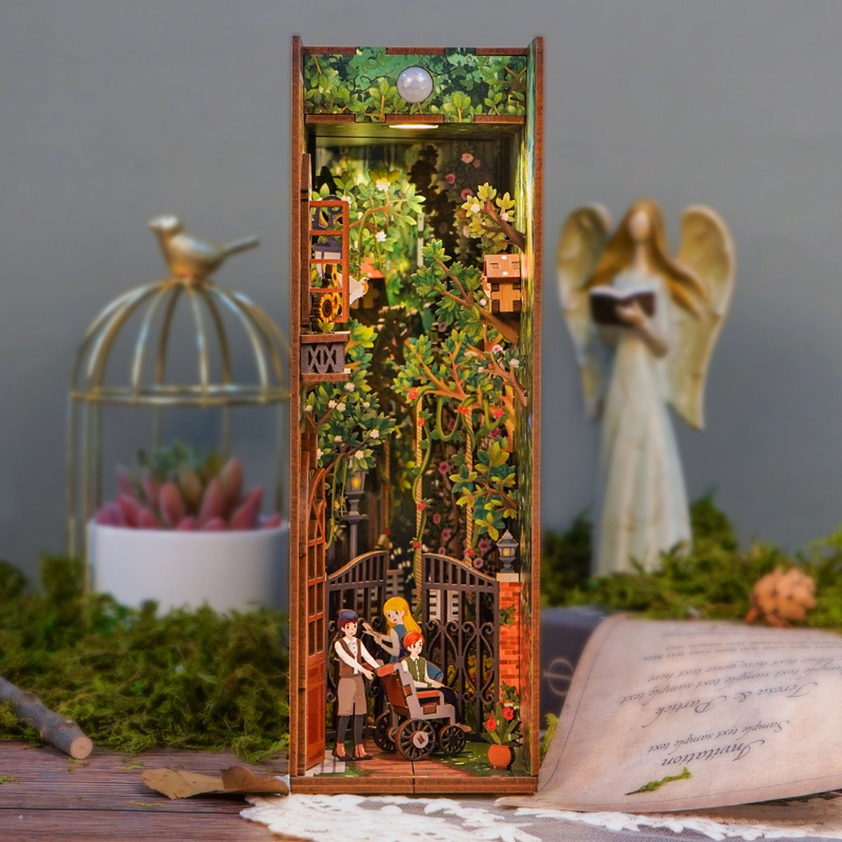 Tonecheer The Secret Garden Book Nook Bouwpakket - Modelbouw - 18,2 x 8 x 24,5 cm - Houten 3D Puzzel - Boekensteun - LED-licht - Bewegingssensor Licht - Boekenhouder — afbeelding 24