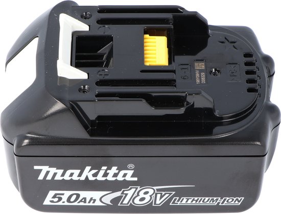 Zwarte Makita 18V 5.0Ah Li-ion accu met witte ontgrendelingsknop en gele connector.