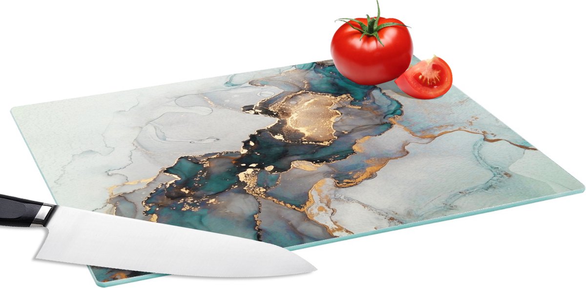 Glazen Snijplank - 39x28 - Blauw - Marmer - Goud - Snijplanken Glas