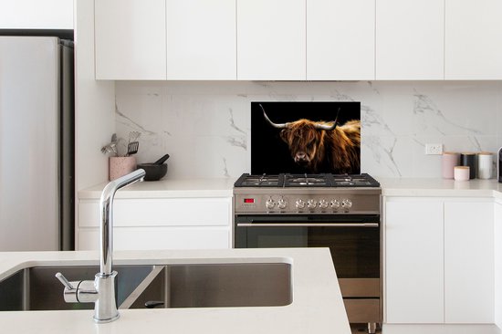 Spatscherm keuken 60x40 cm - Kookplaat achterwand Schotse Hooglander - Horens - Zwart - Dieren - Natuur - Wild - Koe - Muurbeschermer - Spatwand fornuis - Hoogwaardig aluminium - Alternatief voor glazen spatscherm