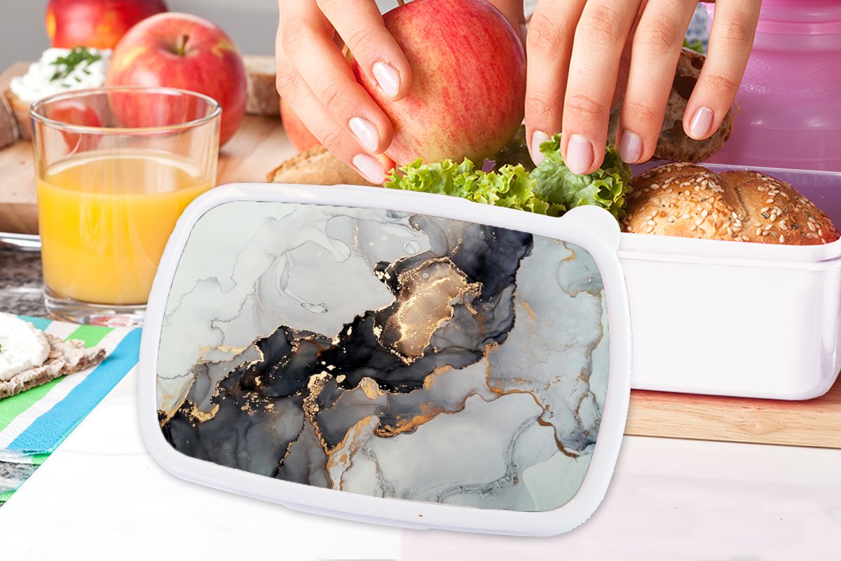 Broodtrommel Wit - Lunchbox - Brooddoos - Zwart - Marmer - Luxe - Goud - 18x12x6 cm - Volwassenen