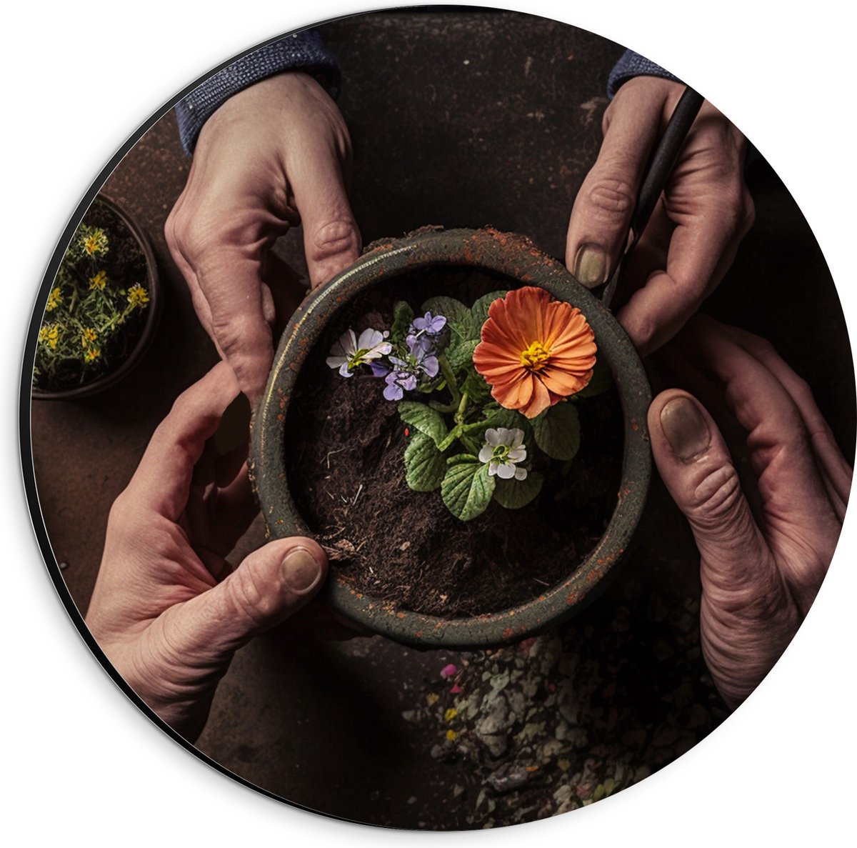 Dibond Muurcirkel - Bloemen - Bloempot - Potgrond - Handen - 20x20 cm Foto op Aluminium Muurcirkel (met ophangsysteem)