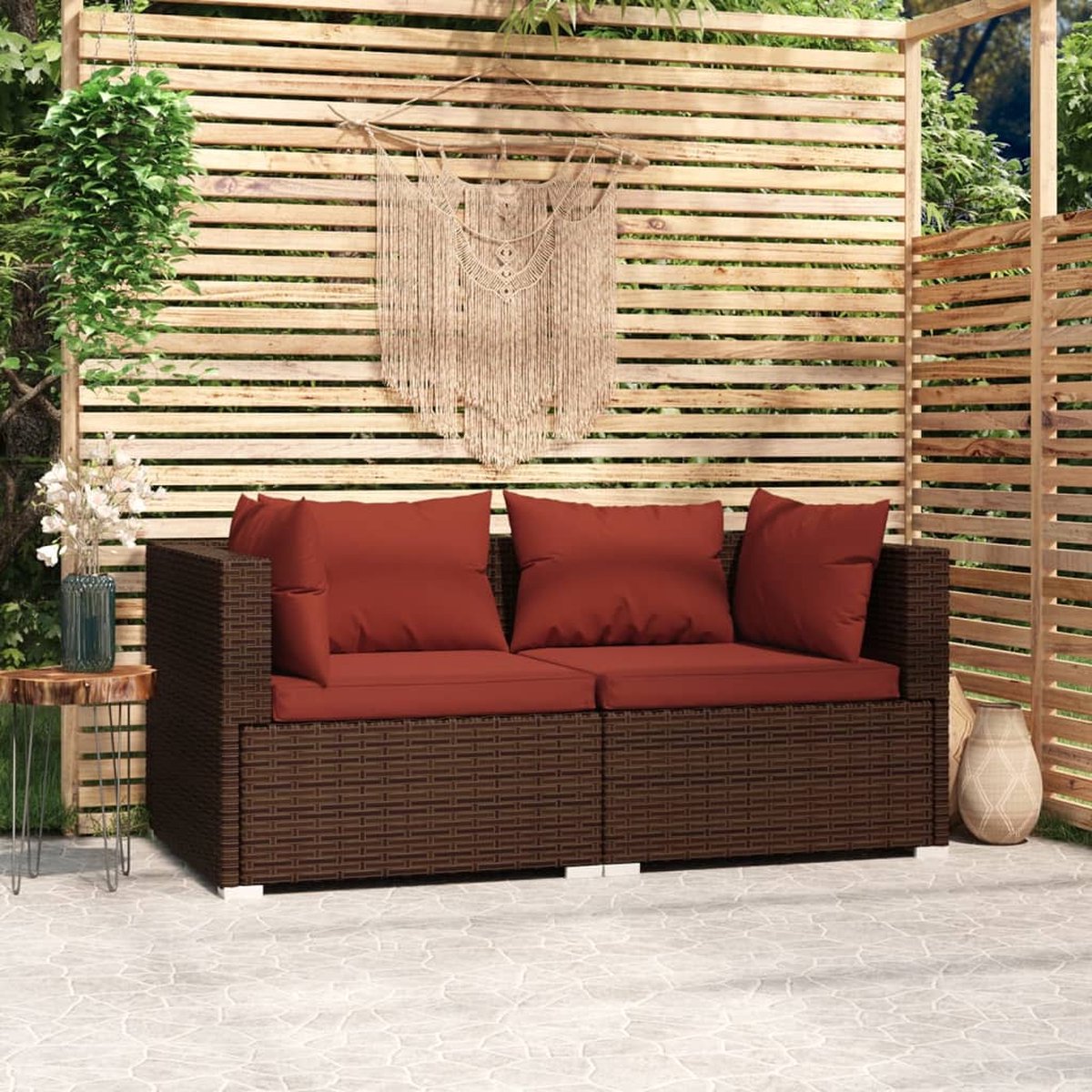 The Living Store Bank 2-zits met kussens poly rattan bruin - Hoekbank - Tuinset - Lounge Set - Buitendecoratie - Garden Furniture