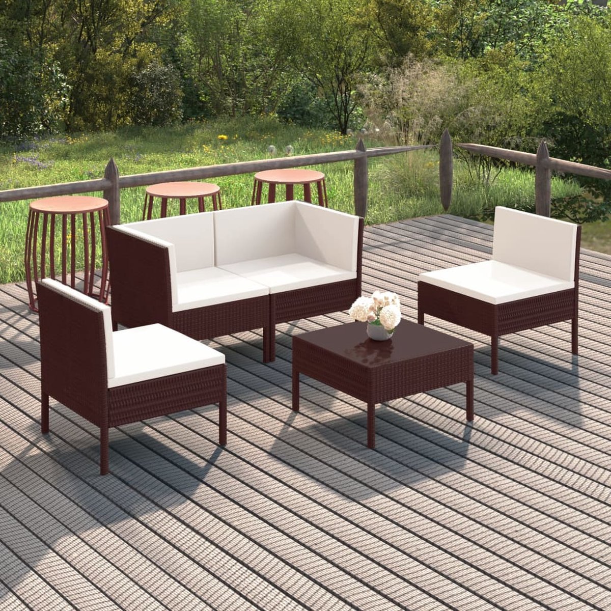 Brown poly rattan loungeset with cushions - outdoor furniture in garden setting.