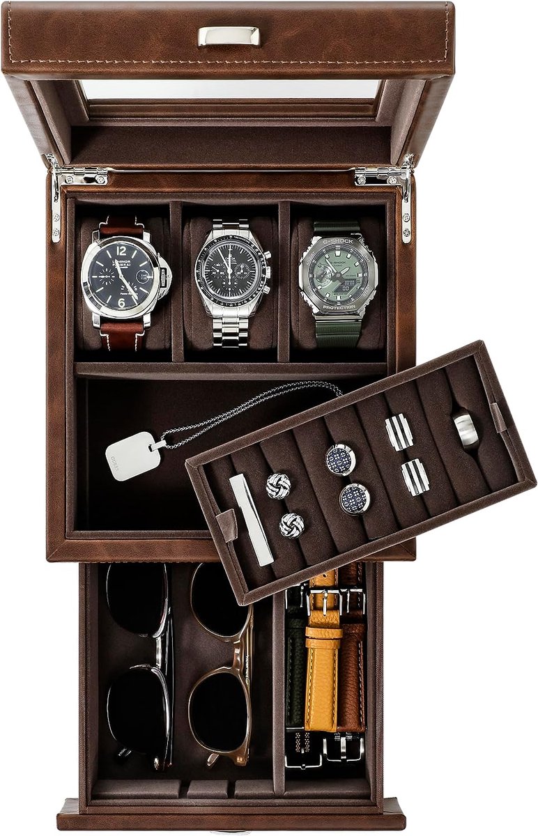 Bayswater Heren Horlogebox - 3-Vaks Horlogedoos voor Mannen - Horlogebox voor Mannen - Sieradendoos Mannen - Horlogebox Heren - Leren Box - Zwart