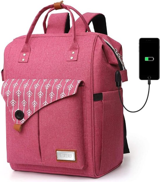 Laptoprugzak voor heren, waterdicht, met USB-oplaadpoort, zakelijke rugzak, functionele rugzak, laptoprugzak, voor vrije tijd, zakelijk, school - Roze