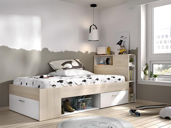 Bed en hoofdeinde met opbergruimtes en lade - 90 x 190 cm - Wit en naturel + matras + lattenbodem - LEANDRE L 218.5 cm x H 95 cm x D 99.5 cm