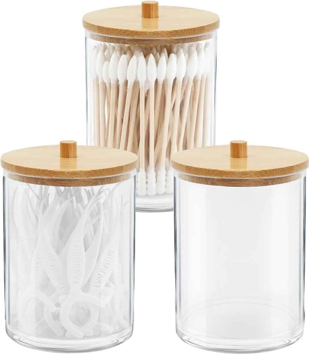 3 stuks acryl Qtip-houders met bamboe hoezen, badkamercontainers, oogkleppen, dispensers, wattenstaafjes voor opslag badkamer, organizer