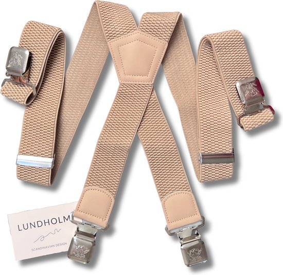 Lundholm Bretels heren volwassenen beige 4 clips - extra stevig hoge kwaliteit - Scandinavisch design - mannen cadeautjes tip | Lundholm Bastad serie