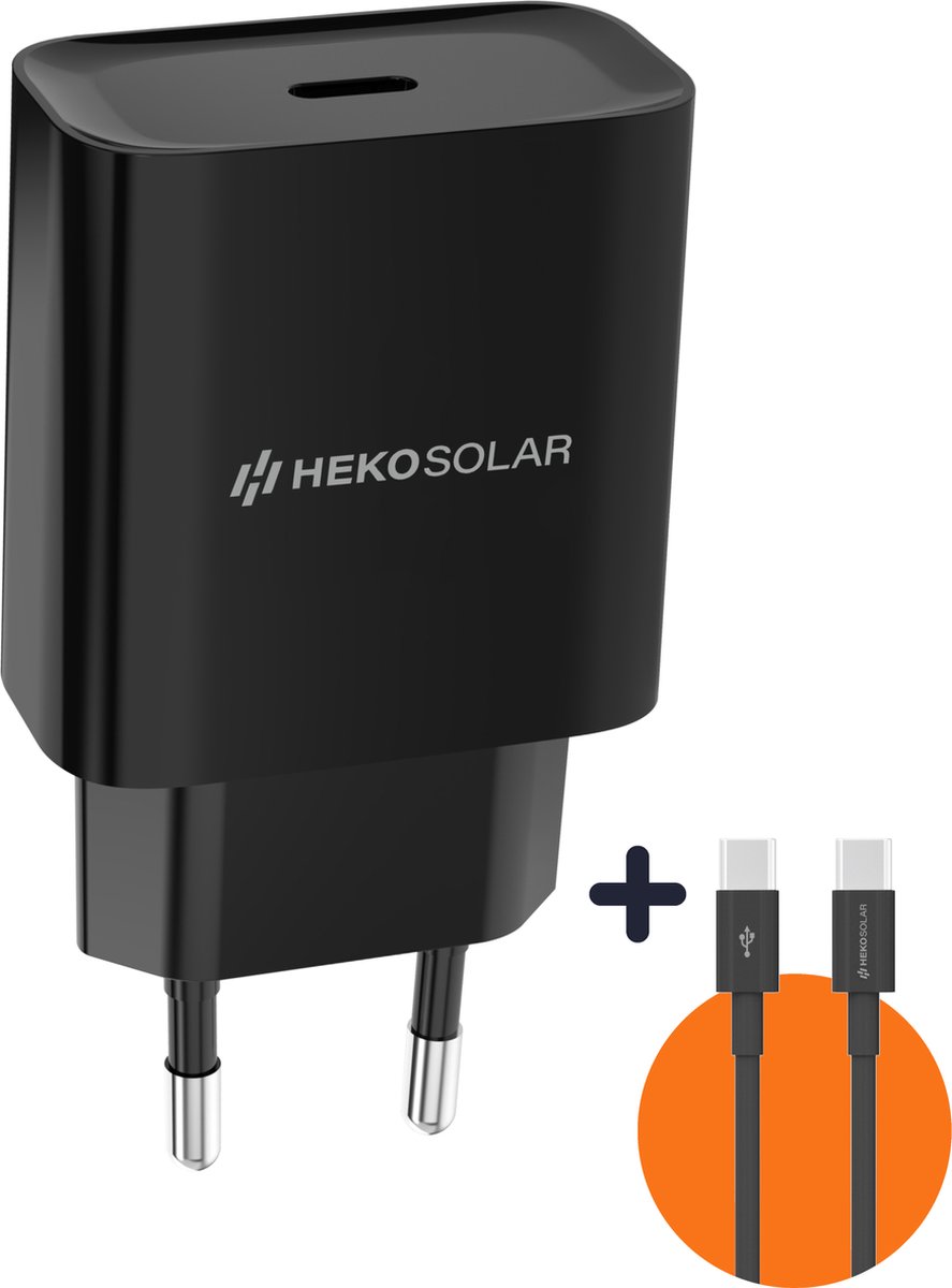 HEKO Solar® 20W Adapter USB-C - 1.2m USB-C Kabel - Snellader USB-C - Telefoon oplader - Zwart - Geschikt voor Samsung S21, S22, S23, S24 en Apple Iphone 15 - HEKO Solar