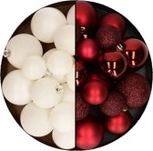 Kerstballen 60x stuks - mix donkerrood/wol wit - 4-5-6 cm - kunststof - kerstversiering