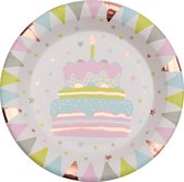 Santex feest wegwerpbordjes - verjaardagstaart - 10x stuks - 23 cm - rose goud