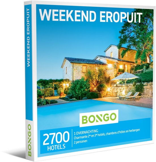 Carte cadeau 'Weekend Eropuit' de Bongo avec une villa luxueuse et une piscine.