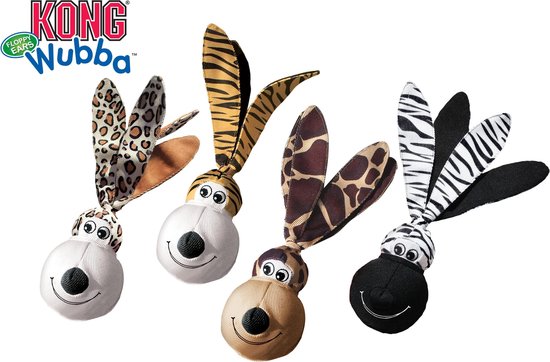 Vier Kong Wubba Floppy Ears speeltjes: luipaard, tijger, giraf en zebraprint, met ronde, lachende hoofden en gevlekte of gestreepte oren.