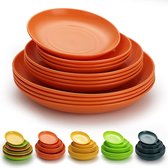 Plastic borden Set van 12 stuks, dinerborden 3 maat 15,5/19,5/23,5 cm Onbreekbare herbruikbare gerechten voor alle doeleinden en alle leeftijden, magnetron veilig BPA vrij vaatwasmachinebestendig