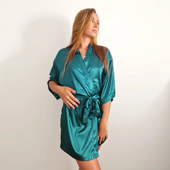 Sensuele satijnen kimono/badjas met riem - petrol - one-size - verleidend en aantrekkelijk - glanzend effect - heerlijk zacht