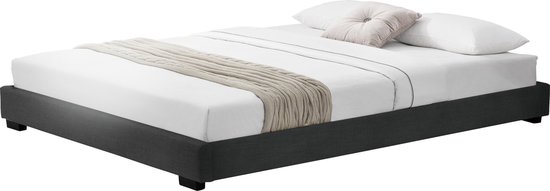 Houten bed Zoe - Laag - Imitatieleer - Met bedbodem - 140x200 cm - Zwart - Klassiek design