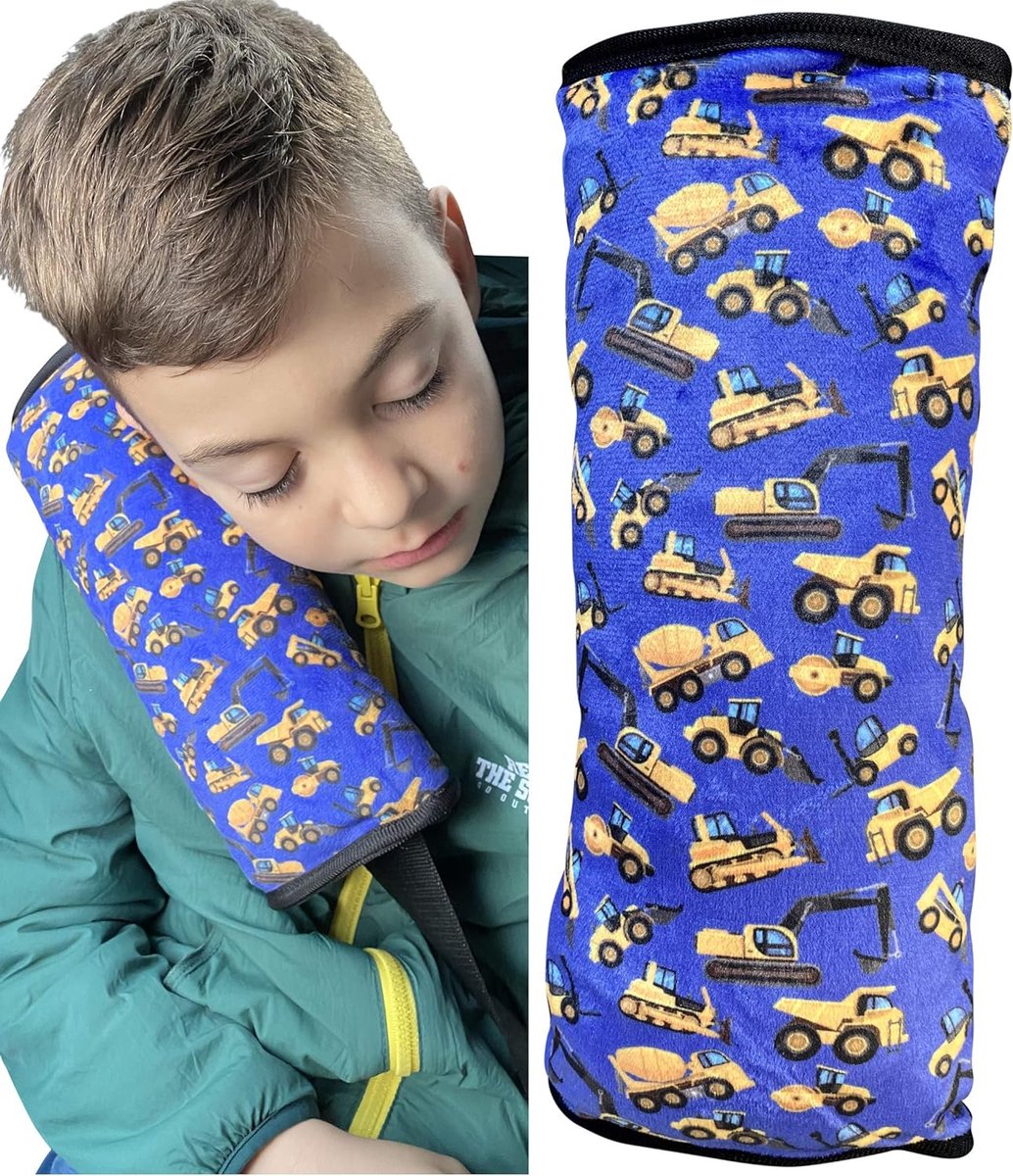 auto slaapkussen voor kinderen - machine wasbaar - zacht autogordelkussen, gordelbeschermer, gordelkussen, autokussen, reiskussen, vakantie - 30x12cm (Bouwvoertuigen)