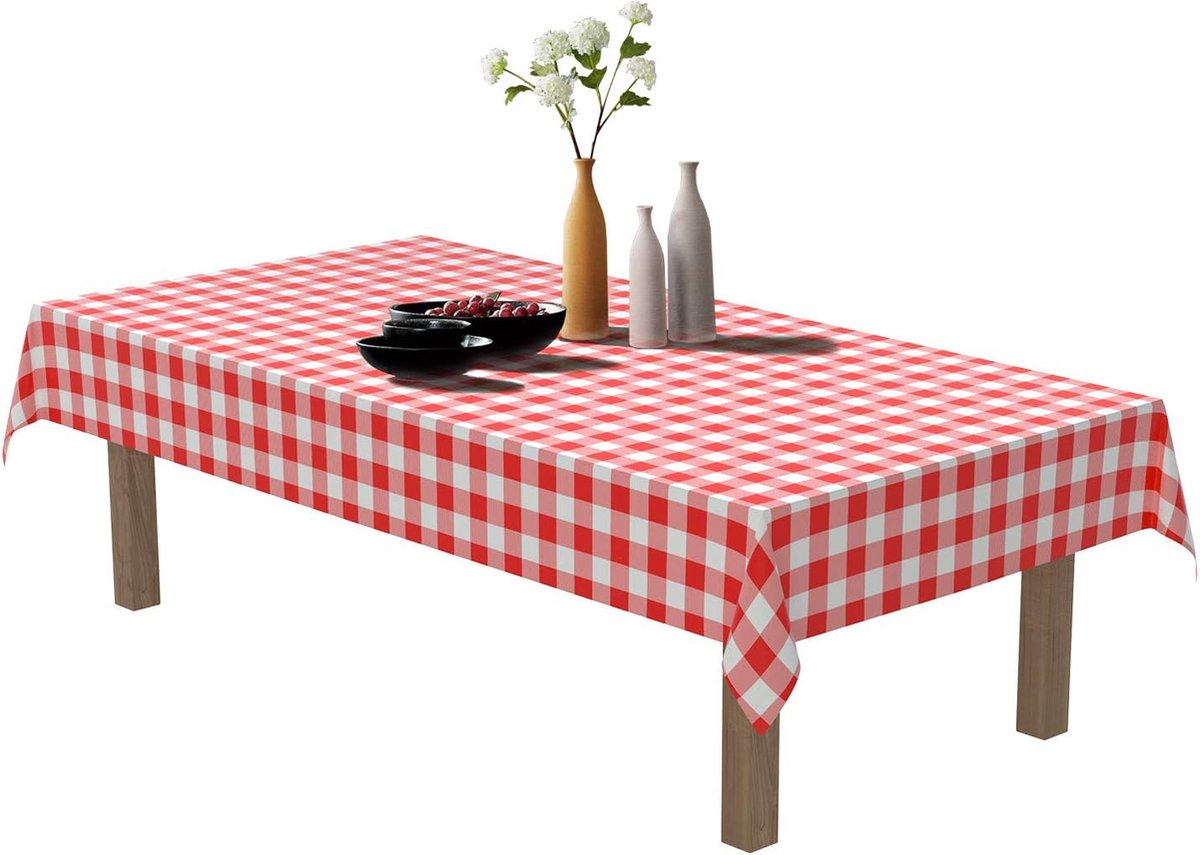 Set van 6 wegwerp tafelkleden van tafelzeil, geruit, rood, wit, 1,37 x 2,74 m, waterdicht, wasbaar, kunststof, rechthoekig, voor tuintafel, vakantie, feest, bruiloft, buiten kamperen, thuis