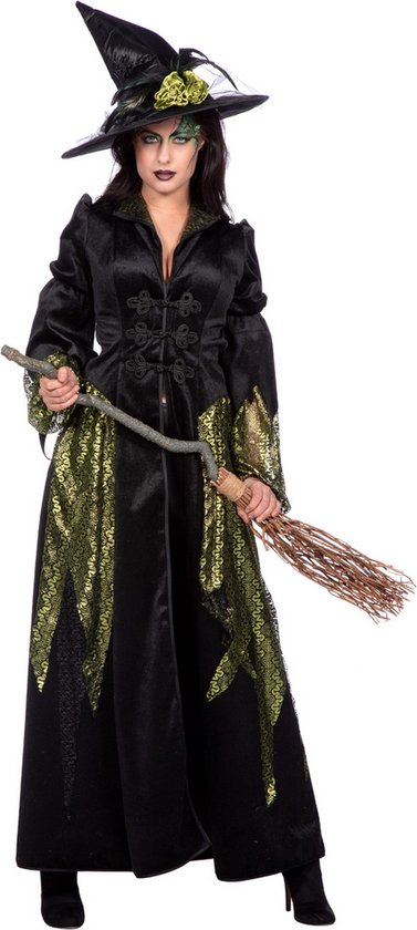 Wilbers & Wilbers - Heks & Spider Lady & Voodoo & Duistere Religie Kostuum - Luxuria Luxe Heks Van De Lage Landen - Vrouw - Groen, Zwart - Maat 42 - Halloween - Verkleedkleding