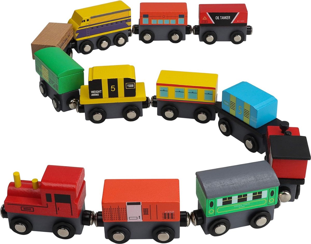 Houten Magnetische Trein - Speelgoed Set met Opslag Doos (12 Pak) – Educatieve Locomotief voor Jongens & Meisjes 3+ jaar – Trein Voertuig Auto’s Compatibel met de Meeste Merk Trein Banen - Merkloos