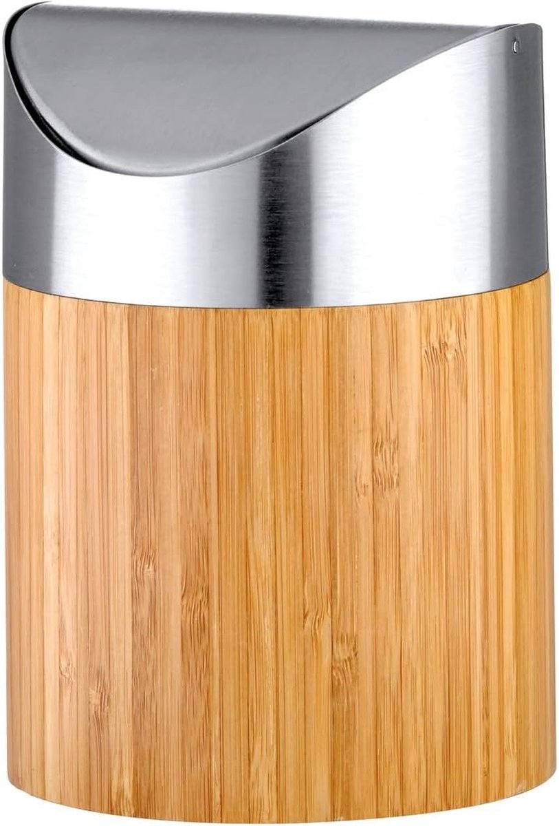 Bonja cosmetica-emmer van bamboe en mat geborsteld roestvrij staal, kleine klapdekselbak, cosmetische mini-afvalbak met inzetstuk, badkamerafvalbak 0,8 liter, zilver/houtkleurig, 12 x 12 x 16,5 cm