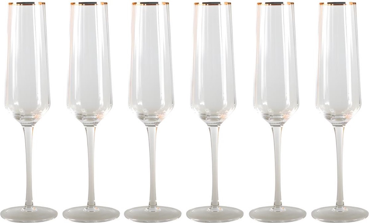 OZAIA Set van geribbelde champagneglazen art-decostijl CELEBRATION - 7 x 7 x 26 cm - Gouden rand L 7 cm x H 26 cm x D 7 cm