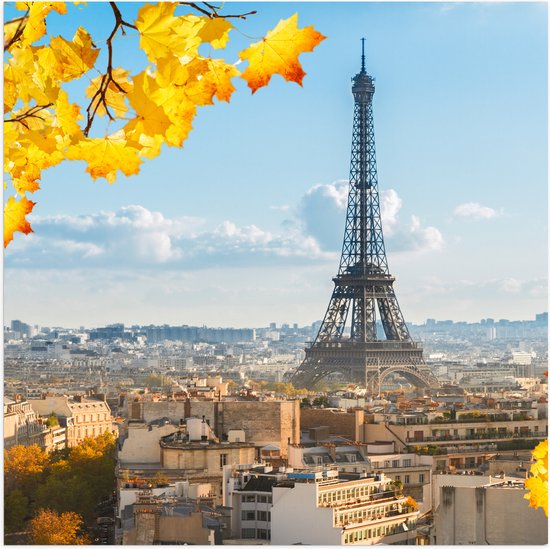 Poster Glanzend – Eiffeltoren in Parijs Omringd door Gele Bloemen - 50x50 cm Foto op Posterpapier met Glanzende Afwerking