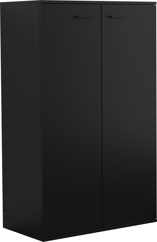 Zwarte kast met twee deuren en handgrepen. De kast heeft een moderne uitstraling.