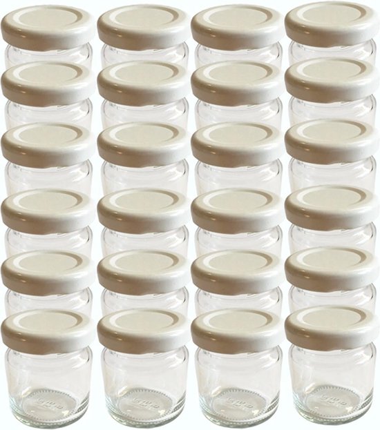 Set van 28 lege ronde glazen mini-glazen 53 ml dekselkleur wit To 43 met schroefdeksel jampotten, weckpotten, honing, glazen, inmaakpotten, portiepotten, probeerglazen