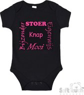 100% katoenen Romper "Stoer Eigenwijs Mooi Bijzonder Knap" Meisjes Katoen Zwart/roze Maat 62/68
