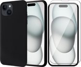 Hoesje geschikt voor iPhone 15 - Screen Protector GlassGuard - Back Cover Case SoftTouch Zwart & Screenprotector