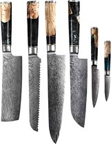 Shinrai Japan - Messenset met Blok - 6 delig - Koksmes - Japanse Messen - Damascus Epoxy Onyx - Magnetisch Messenblok Enkelzijdig - Met Luxe Geschenkdoos