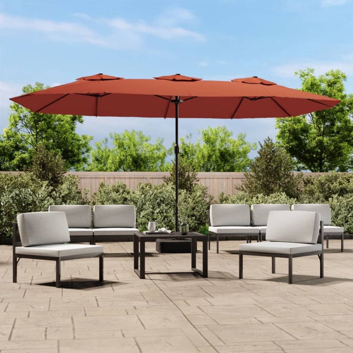 Terracottakleurige dubbel dak parasol met LED-verlichting, 449x245 cm, ideaal voor terrasdecoratie.