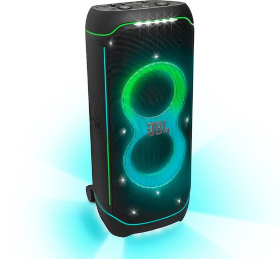Zwarte JBL PartyBox Ultimate met groen licht en een '8' vormige lichtshow.