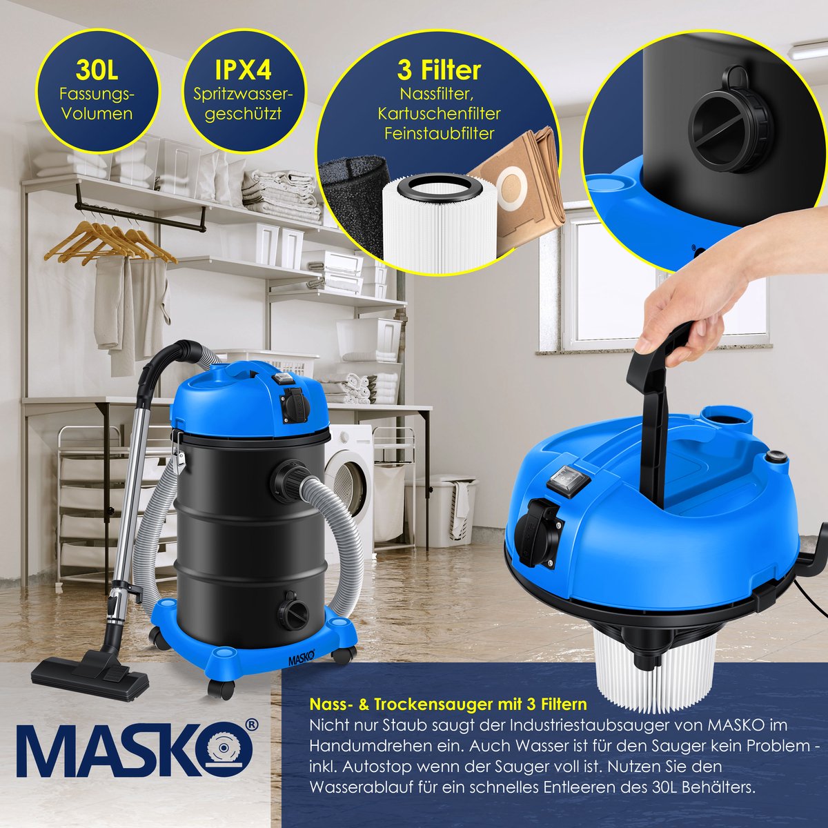 MASKO® Alleszuiger 6IN1 Nat- en Droogzuiger 2300W + stopcontact, Blaasfunctie, Droog- & natzuigen | Industriële stofzuiger vuilreservoir 30L Bouwstofzuiger - Blauw – foto 5
