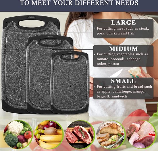 Set de Planches à découper Royalty Line ® CB3PCB - 25/31/40 cm - Antidérapantes - Poignée ergonomique - Planches de cuisine - Passe au lave-vaisselle - Plastique - Avec zone de broyage pour broyer l'ail et le gingembre - Zwart